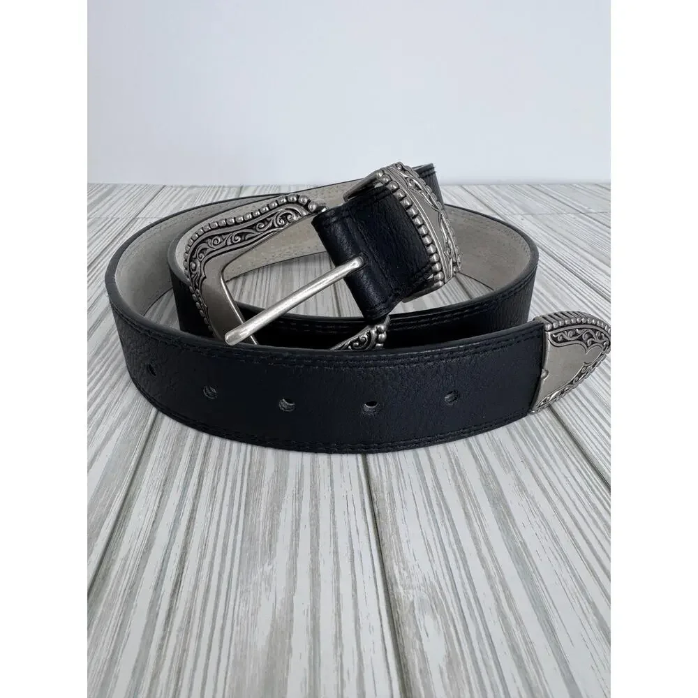 Vince Camuto belt large western ornate silver tone buckle vegan black leather